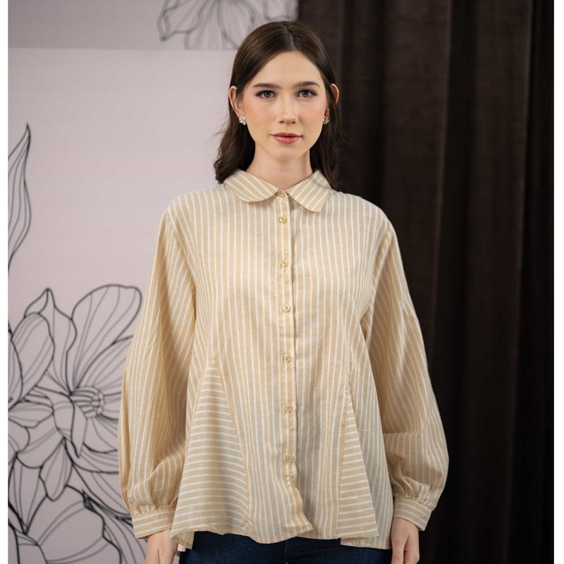 Mayoutfit Elinora Shirt | Atasan Kemeja Flared Salur Lengan Manset