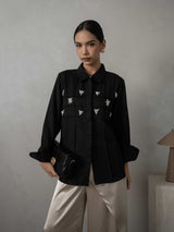 Mayoutfit Denima Shirt | Atasan Kemeja Wanita Basic Aksen Beads