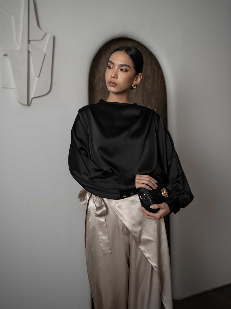 Mayoutfit Adorra Blouse | Blus Wanita Textured Silk Aksen Lipit Kancing Bahu