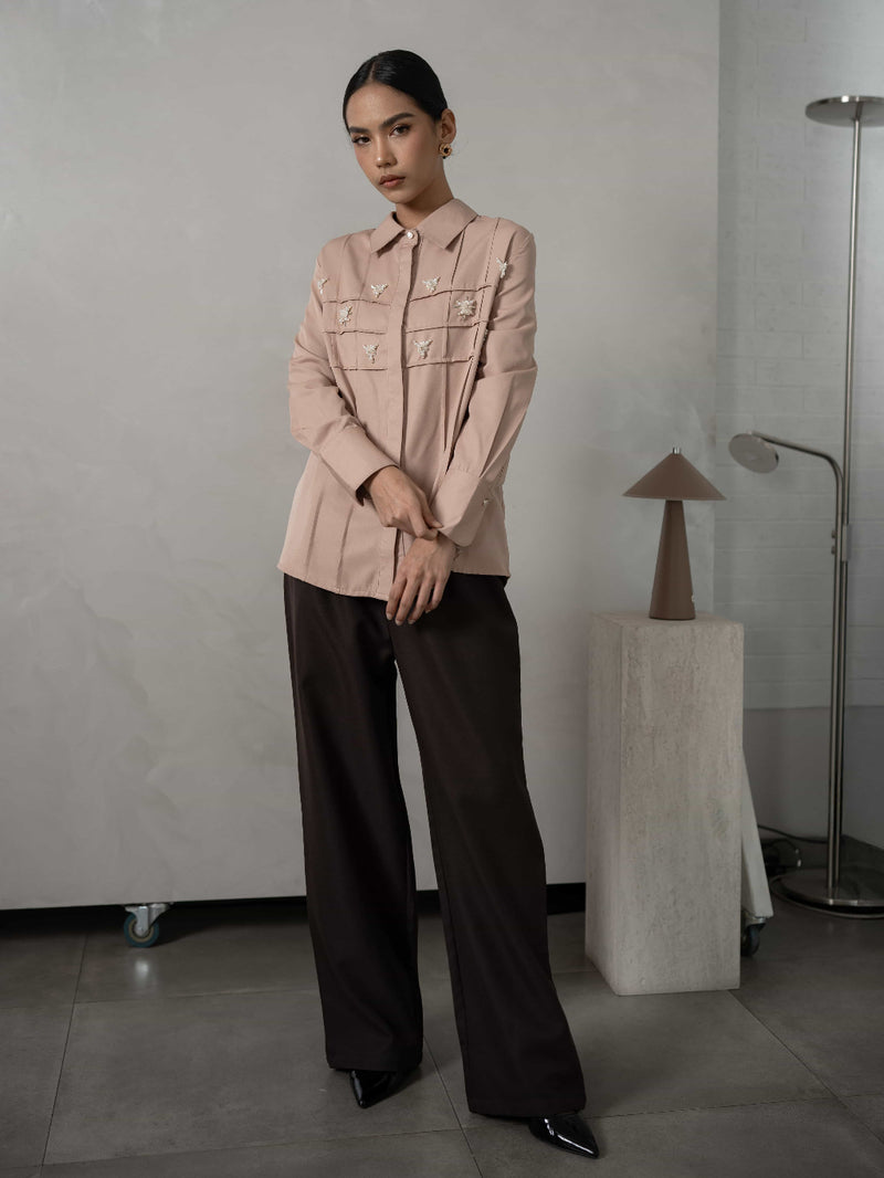 Mayoutfit Denima Shirt | Atasan Kemeja Wanita Basic Aksen Beads