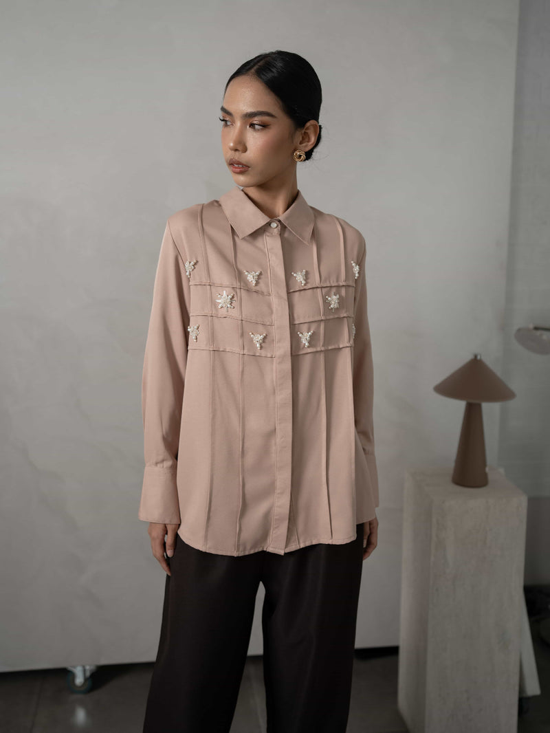 Mayoutfit Denima Shirt | Atasan Kemeja Wanita Basic Aksen Beads