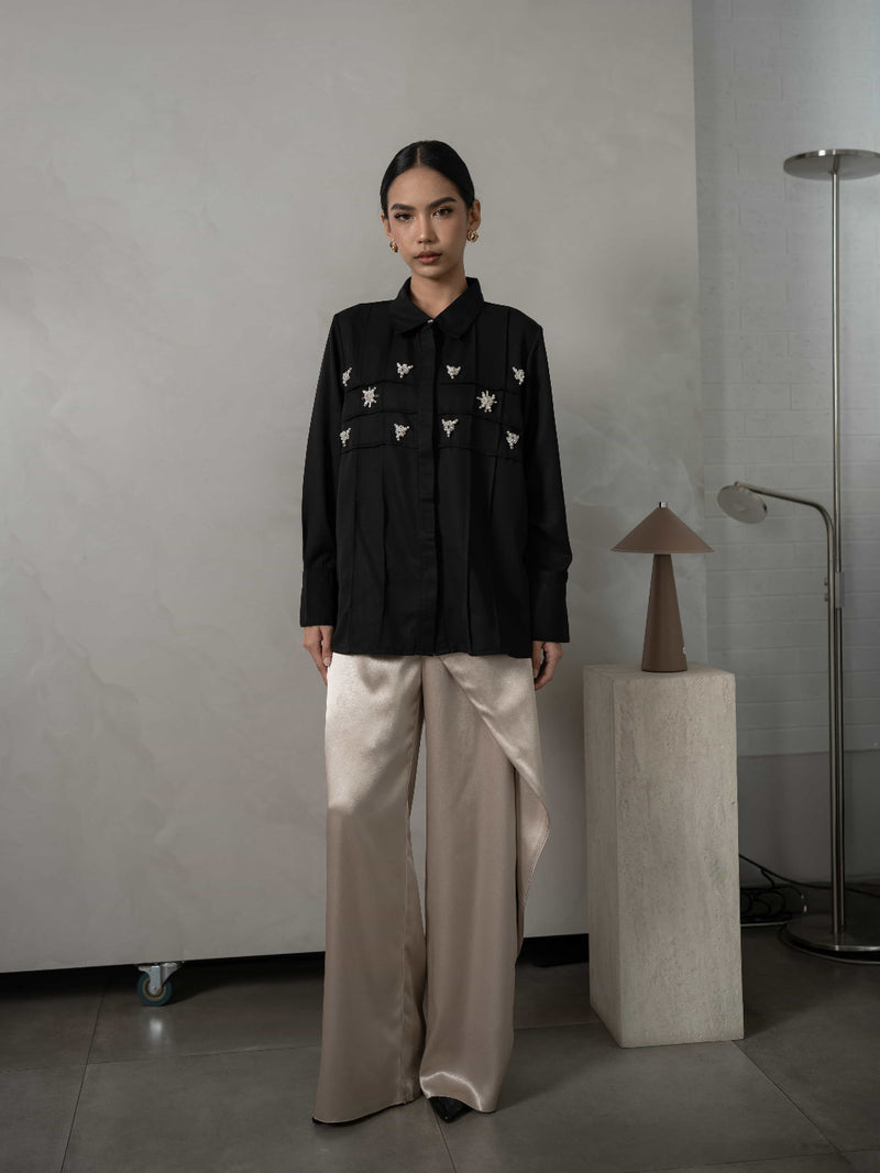 Mayoutfit Denima Shirt | Atasan Kemeja Wanita Basic Aksen Beads