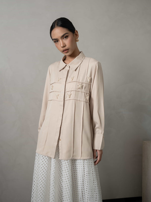 Mayoutfit Denima Shirt | Atasan Kemeja Wanita Basic Aksen Beads