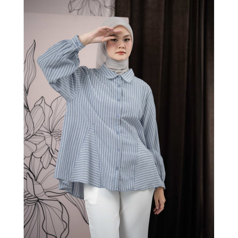 Mayoutfit Elinora Shirt | Atasan Kemeja Flared Salur Lengan Manset
