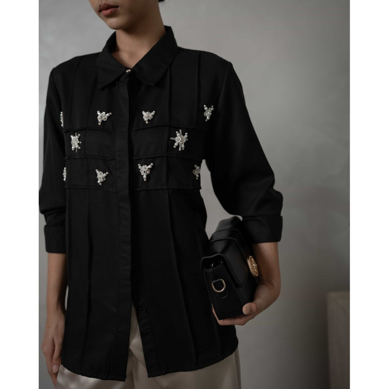 Mayoutfit Denima Shirt | Atasan Kemeja Wanita Basic Aksen Beads