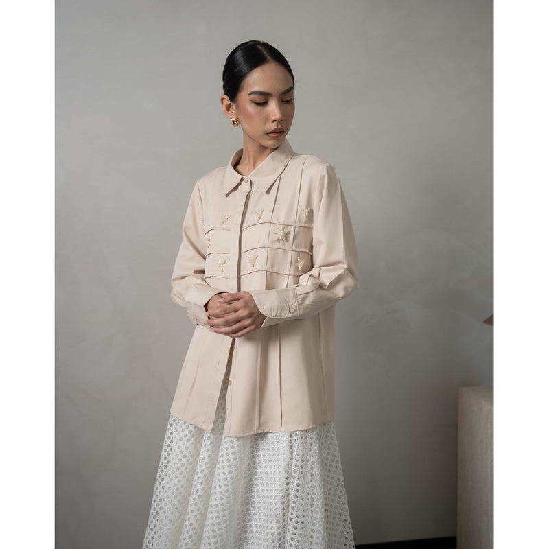 Mayoutfit Denima Shirt | Atasan Kemeja Wanita Basic Aksen Beads