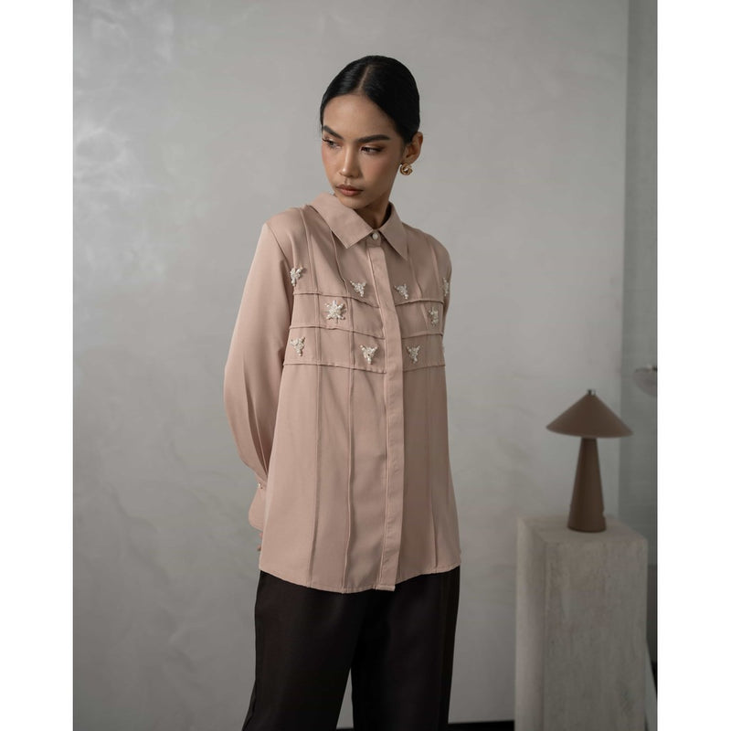 Mayoutfit Denima Shirt | Atasan Kemeja Wanita Basic Aksen Beads